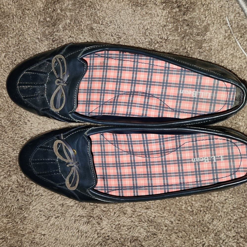 L.L. Bean Navy Blue Loafers with Plaid Interior